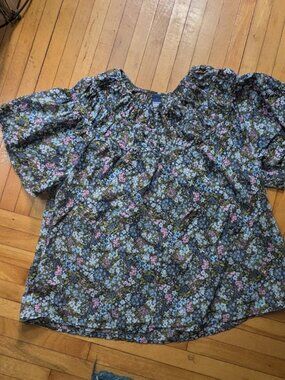 OLD NAVY Women Sz L Shirt Blouse Floral Smocking Bell Sleeves Keyhole Cotton